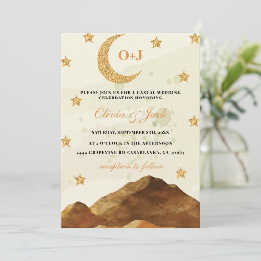 Chic Mountain Moon Aquarell Gold elegante Hochzeit Einladung (Stehend Vorderseite)