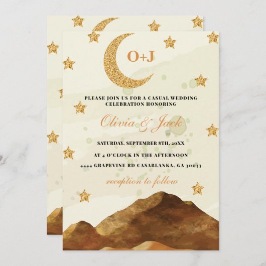 Chic Mountain Moon Aquarell Gold elegante Hochzeit Einladung (Vorne/Hinten)