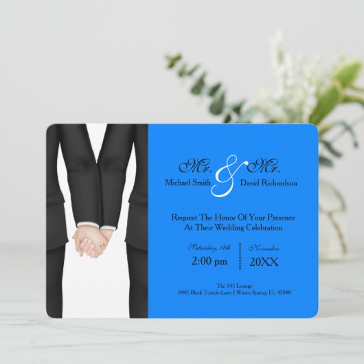 Chic Mr. & Mr. Tuxedo Couple Wedding Celebration Einladung (Stehend Vorderseite)