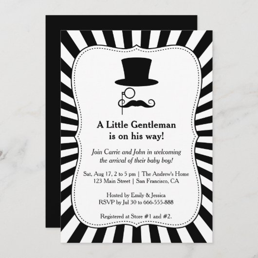 Chic Mustache Gentleman Babydusche Einladung (Vorne/Hinten)