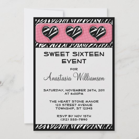 Chic My Heart Zebra Print Pink Birthday lädt ein Einladung (Vorderseite)