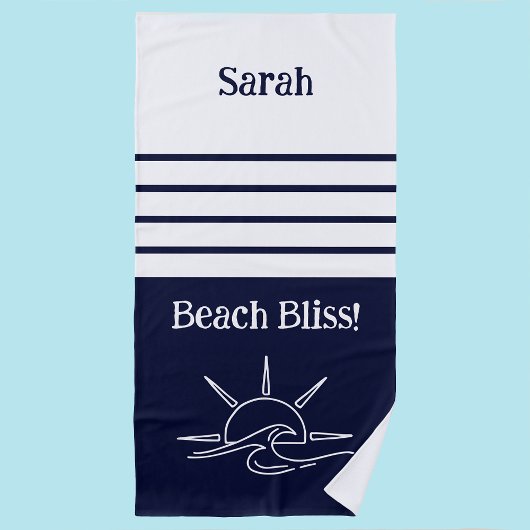 Chic Name Navy Blue Stripes Ocean Strandtuch
