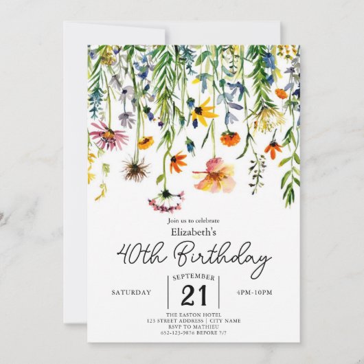 Chic Nature Wildblumen 40. Geburtstag Einladung (Vorderseite)