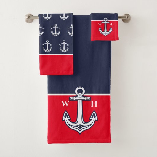 Chic Nautical Anchor Bad Red White Navy Blue Badhandtuch Set (Insitu)