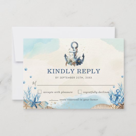 Chic Nautical Anchor Beach Moderne Hochzeit RSVP Karte (Vorderseite)
