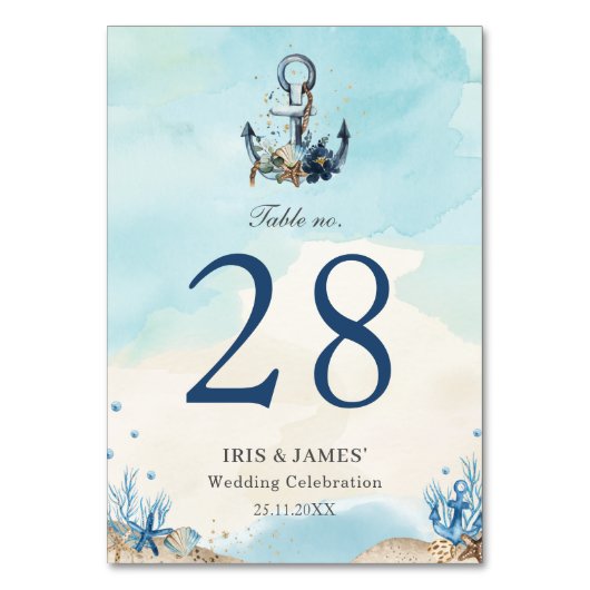 Chic Nautical Anchor Beach Moderne Hochzeit Tischnummer (Vorderseite)
