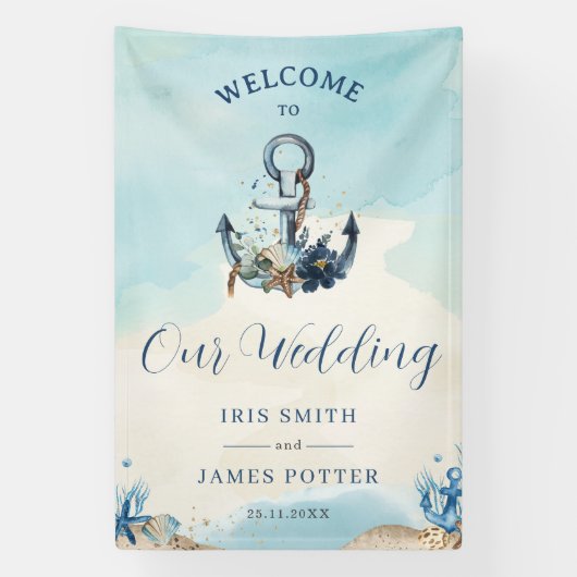 Chic Nautical Anchor Beach Moderne Hochzeit Willko Banner (Vertikal)