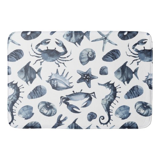 Chic Nautical Blue Seashell Seepferd Seesterkrabbe Badematte (Vorderseite)
