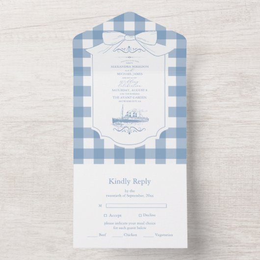 Chic Nautical Coquette Bow Wedding All In One Einladung (Innen Boden)