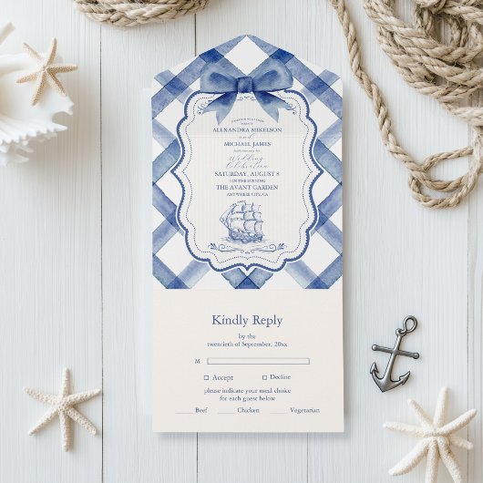 Chic Nautical Navy Blue Bow Wedding All In One Einladung