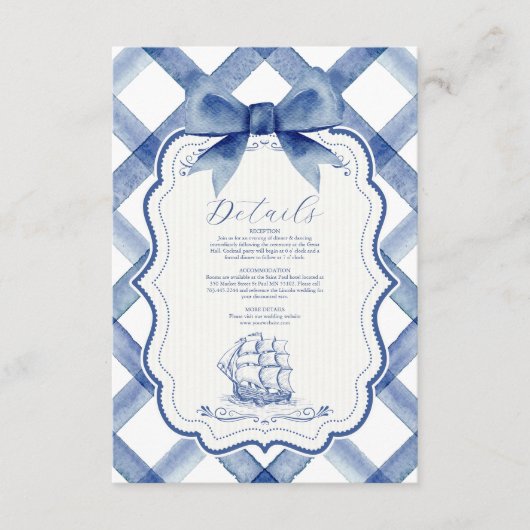 Chic Nautical Navy Blue Bow Wedding Begleitkarte (Vorderseite)