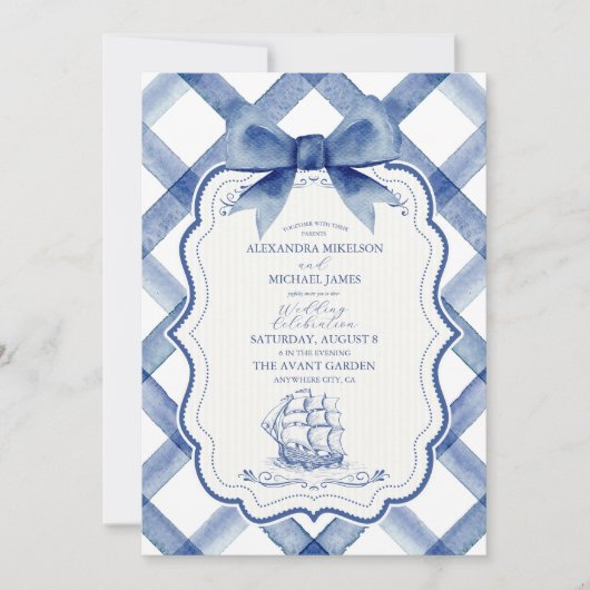 Chic Nautical Navy Blue Bow Wedding Einladung (Vorderseite)