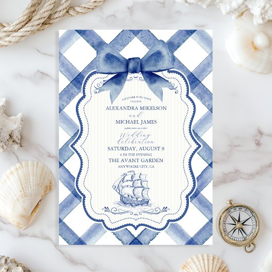 Chic Nautical Navy Blue Bow Wedding Einladung