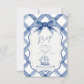 Chic Nautical Navy Blue Bow Wedding RSVP Karte (Vorderseite)