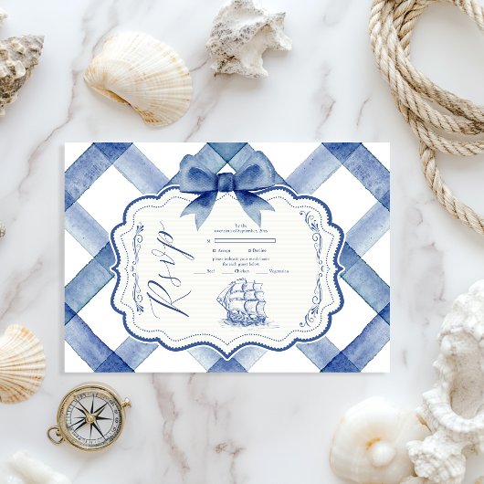 Chic Nautical Navy Blue Bow Wedding RSVP Karte