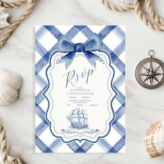 Chic Nautical Navy Blue Bow Wedding RSVP Karte