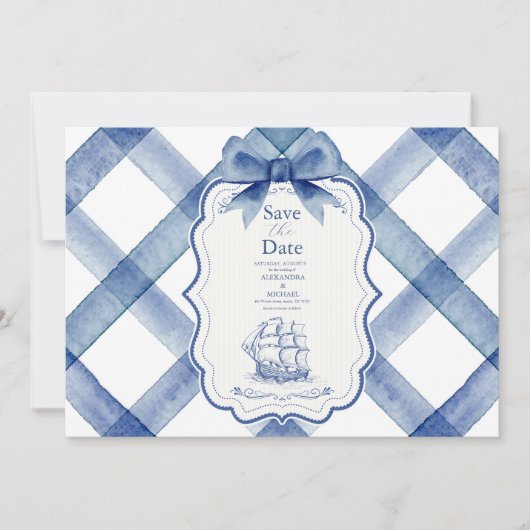 Chic Nautical Navy Blue Bow Wedding Save The Date (Vorderseite)