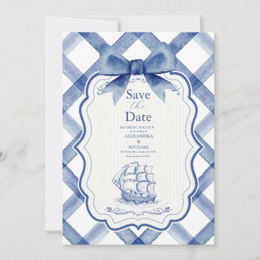 Chic Nautical Navy Blue Bow Wedding Save The Date (Vorderseite)
