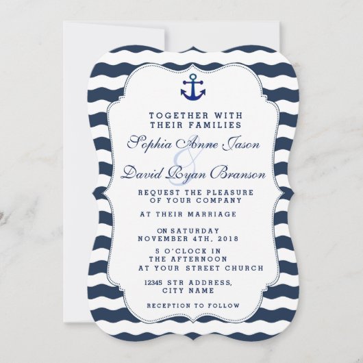 Chic Nautical Navy Waves Anchor Wedding Einladung (Vorderseite)