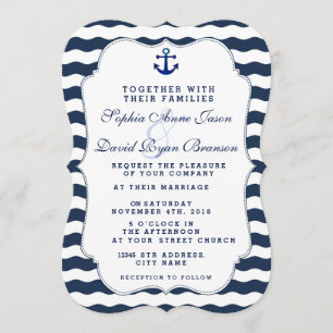 Chic Nautical Navy Waves Anchor Wedding Einladung