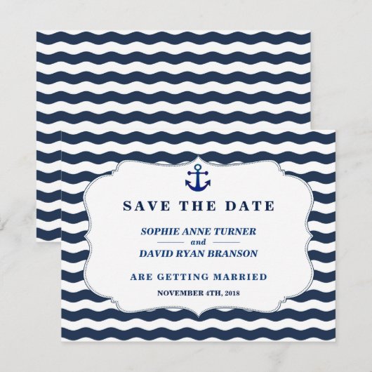 Chic Nautical Navy Waves Anchor Wedding Save The Date (Vorne/Hinten)