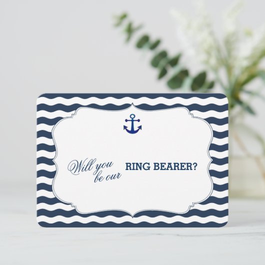 Chic Nautical Navy Waves SEIN MEIN RING BEARER Einladung (Stehend Vorderseite)