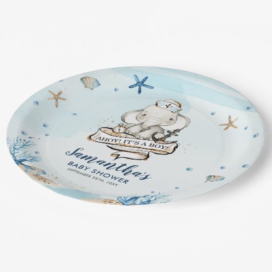 Chic Nautical Niedlich Elephant Boy Baby Dusche Pappteller (Schrägansicht)
