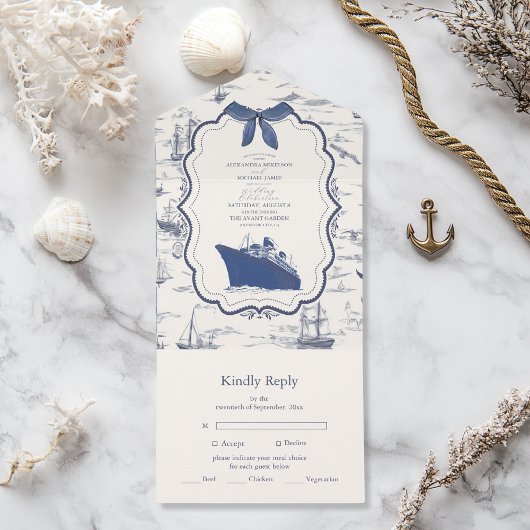 Chic Nautical Toile de Jouy Bow Wedding All In One Einladung