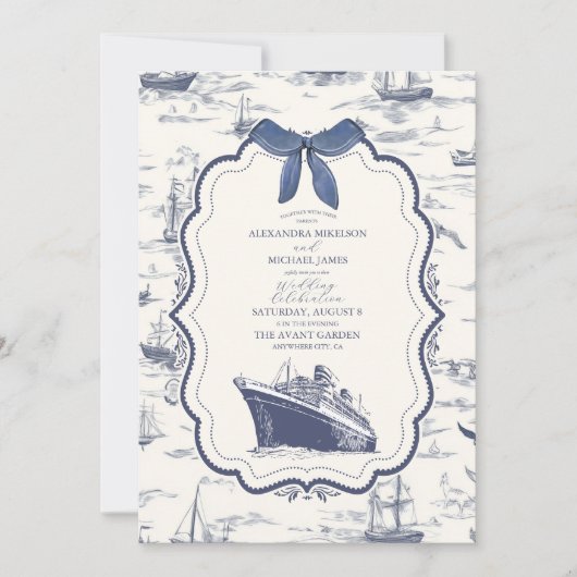 Chic Nautical Toile de Jouy Bow Wedding Einladung (Vorderseite)