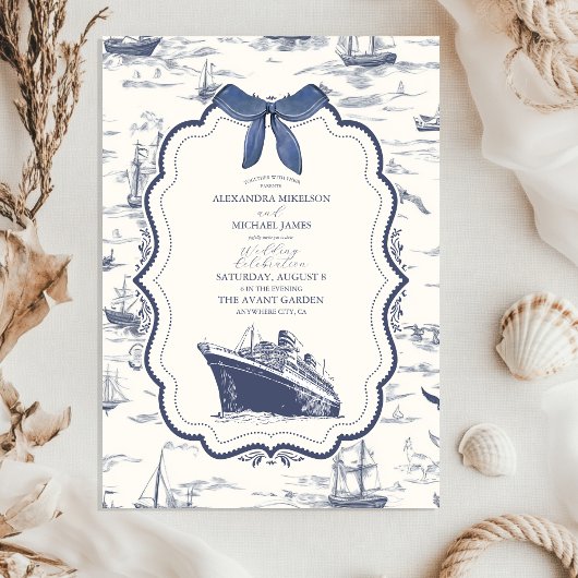 Chic Nautical Toile de Jouy Bow Wedding Einladung