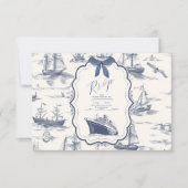 Chic Nautical Toile de Jouy Bow Wedding RSVP Karte (Vorderseite)