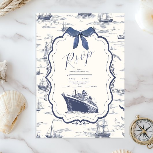 Chic Nautical Toile de Jouy Bow Wedding RSVP Karte