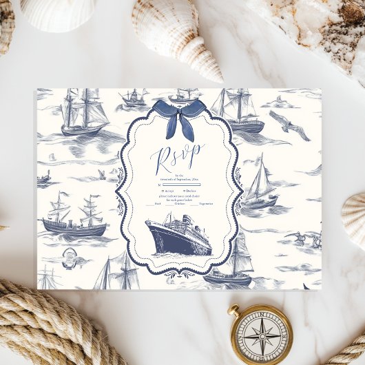 Chic Nautical Toile de Jouy Bow Wedding RSVP Karte