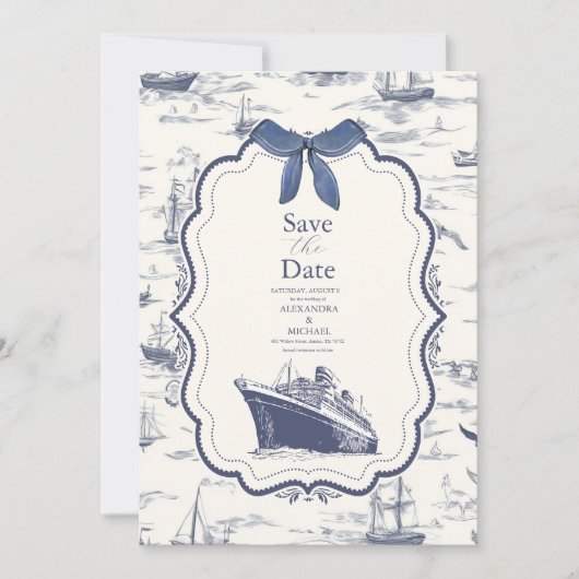 Chic Nautical Toile de Jouy Bow Wedding Save The Date (Vorderseite)