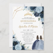 Chic Navy Baby Blue Floral Girls Twins Quinceañera Einladung (Vorderseite)