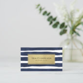 Chic Navy Blau und Gold gestreift Visitenkarte (Stehend Vorderseite)