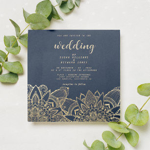 Chic Navy blaues Gold-Drehbuch Blumenmandala Hochz Einladung