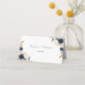 Chic Navy Blue and Blush Pink Floral Wedding Platzkarte (Rückseite)