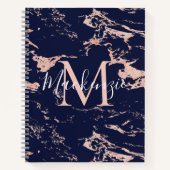 Chic Navy Blue and Rose Gold Foil Marmor Monogram Notizblock (Vorderseite)