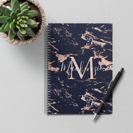Chic Navy Blue and Rose Gold Foil Marmor Monogram Notizblock