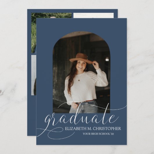 Chic Navy Blue Arch 5 Foto Collage Abschluss Ankündigung (Vorne/Hinten)