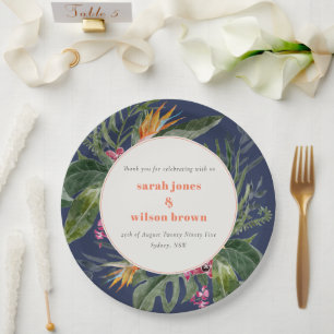 Chic Navy Blue Blush Boho Tropical Floral Wedding Pappteller