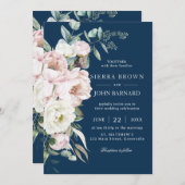 Chic Navy Blue Blush Elfenbein Blumenhochzeit Einladung (Vorne/Hinten)
