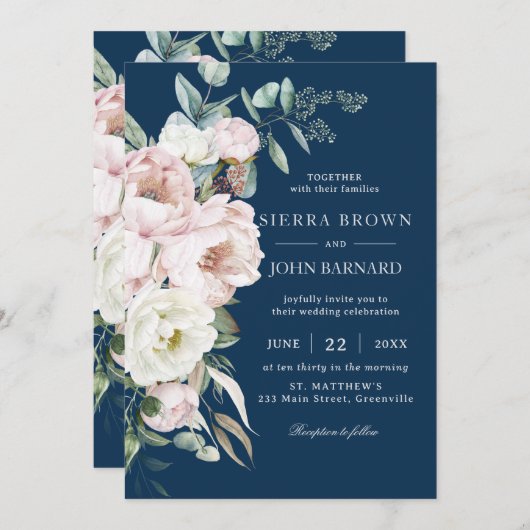 Chic Navy Blue Blush Elfenbein Blumenhochzeit Einladung (Vorne/Hinten)