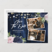 Chic Navy Blue Blush Floral Save the Date Ankündigungspostkarte (Vorne/Hinten)