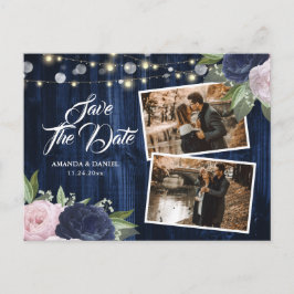 Chic Navy Blue Blush Floral Save the Date Ankündigungspostkarte