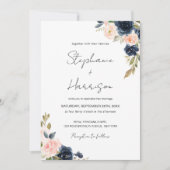 Chic Navy Blue & Blush Pink Blumenblume Hochzeitsf Einladung (Vorderseite)