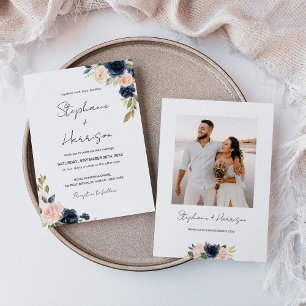 Chic Navy Blue & Blush Pink Blumenblume Hochzeitsf Einladung