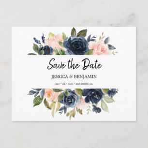 Chic Navy Blue Blush Pink Floral Save the Date Postkarte