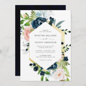 Chic Navy Blue Blush Pink Roses Blues Hochzeit Einladung (Vorne/Hinten)